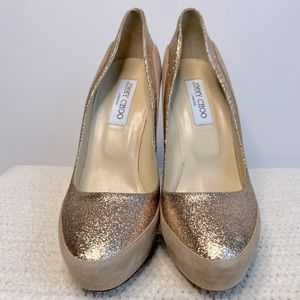 Jimmy Choo Sepia Glitter Platform Heels | EU Size 40.5